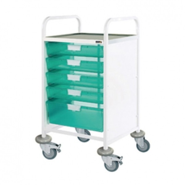 Sunflower Clincal Vista 50 Trolley - 4 Single & 1 Double Green Trays Stainless Steel Top & Castor Buffers (Sun-CVT51G)