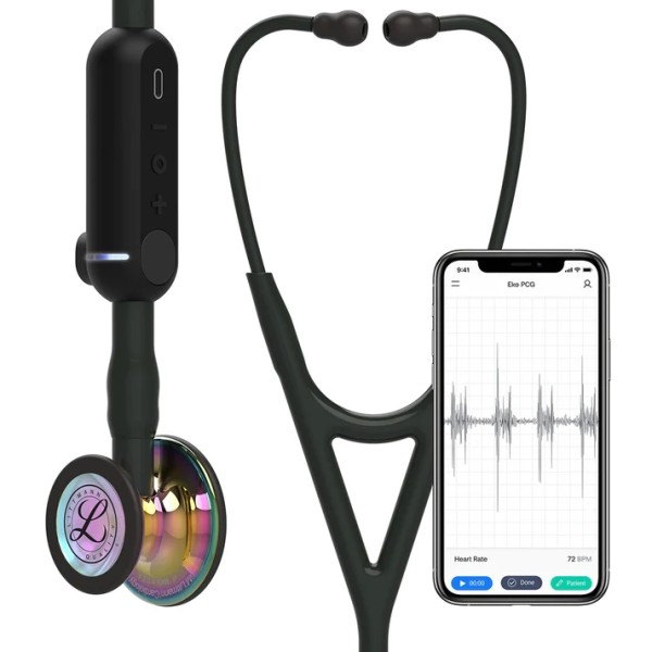 3M Littmann CORE Digital Stethoscope, High Polish Rainbow Chestpiece, Black Tube, Stem & Headset (8572)