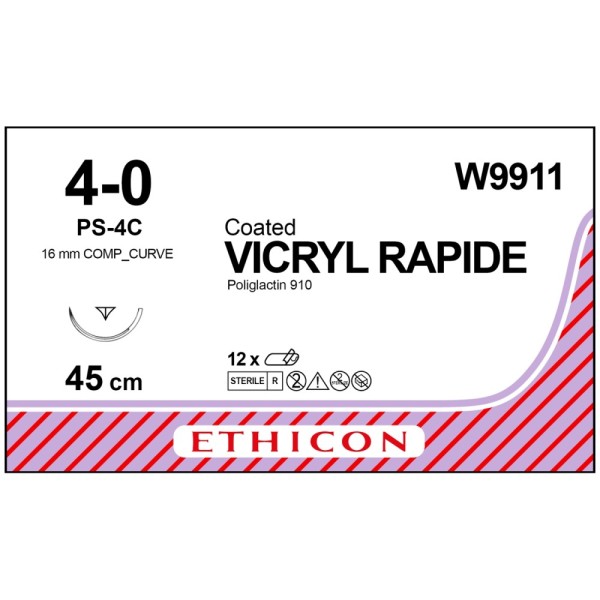 Coated Vicryl Rapide W9911 Suture 4-0 Undyed 45cm, 16mm Compound Reverse Cutting Needle (Box of 12)