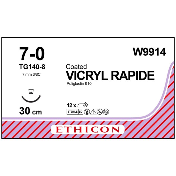 Coated Vicryl Rapide W9914 Suture 7-0 Violet 30cm, 7mm 3/8 Circle Reverse Spatula Needle (Box of 12)