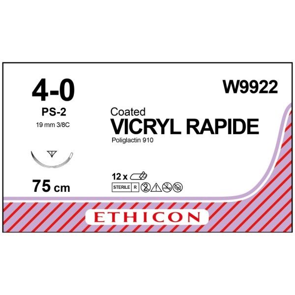 Coated Vicryl Rapide W9922 Suture 4-0 Undyed 75cm, 19mm 3/8 Circle Reverse Cutting PRIME Needle (Box of 12)