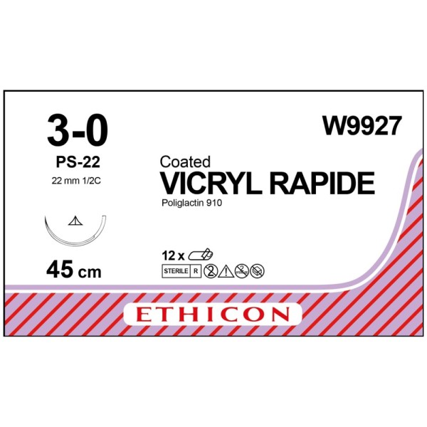 Coated Vicryl Rapide W9927 Suture 3-0 Undyed 45cm, 22mm 1/2 Circle Conventional Needle (Box of 12)