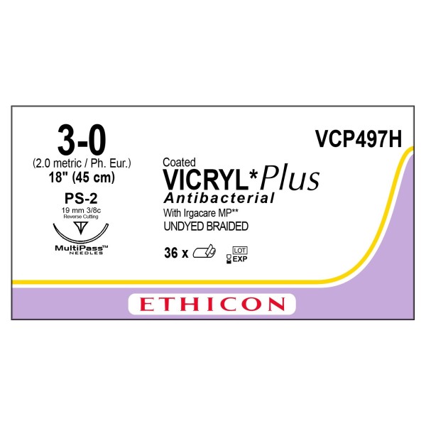Coated Vicryl Plus VCP497H Suture 3-0 Undyed Braided 45cm, 19mm 3/8 Circle Reverse Cutting PRIME MultiPass Needle (Box of 36)