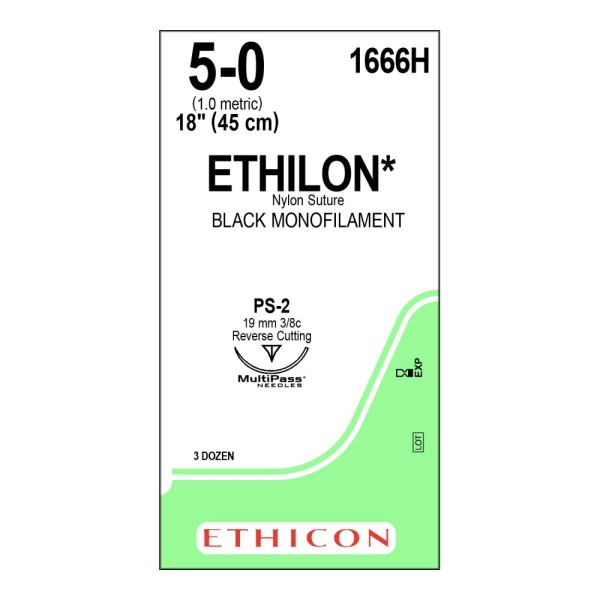 Ethilon 1666H Suture 5-0 Black 45cm, 19mm 3/8 Circle Reverse Cutting PRIME MultiPass Needle (Box of 36) (Formerly W1618T)