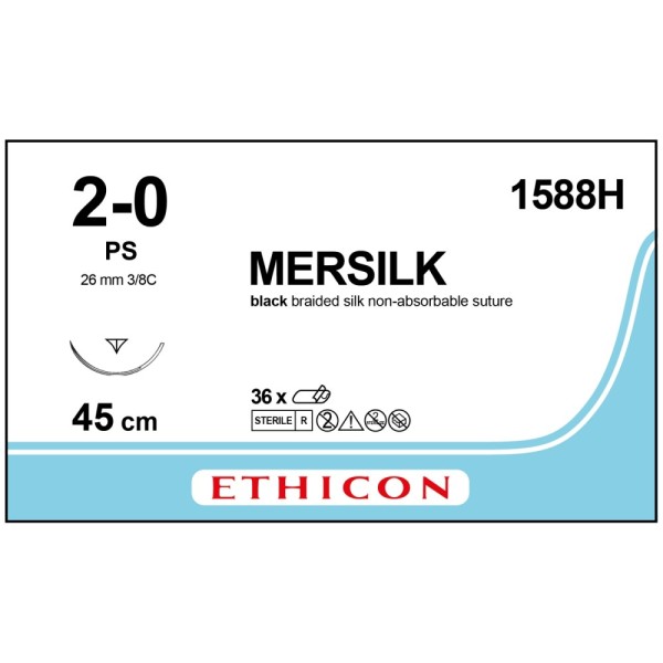 Mersilk 1588H Suture 2-0 Black 45cm, 26mm 3/8 Circle Reverse Cutting PRIME Needle (Box of 36) (Formerly W2512T)