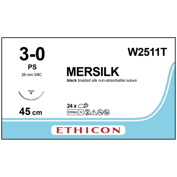 Mersilk W2511T Suture 3-0 Black 45cm, 26mm 3/8 Circle Reverse Cutting PRIME Needle (Box of 24)