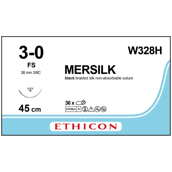 Mersilk W328H Suture 3-0 Black 45cm, 26mm 3/8 Circle Conventional Cutting PRIME Needle (Pack of 36)