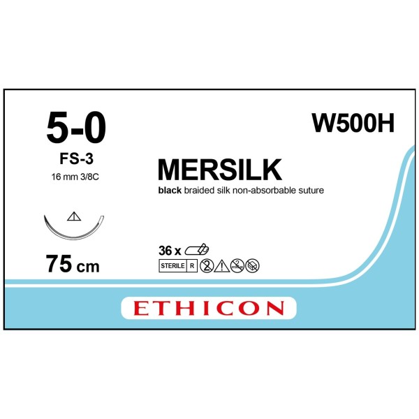 Mersilk W500H Suture 5-0 Black 75cm, 16mm 3/8 Circle Conventional Cutting PRIME Needle (Pack of 36)