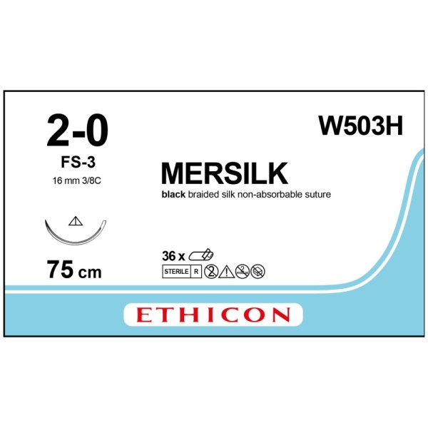 Mersilk W503H Suture 2-0 Black 75cm, 16mm 3/8 Circle Conventional Cutting PRIME Needle (Pack of 36)