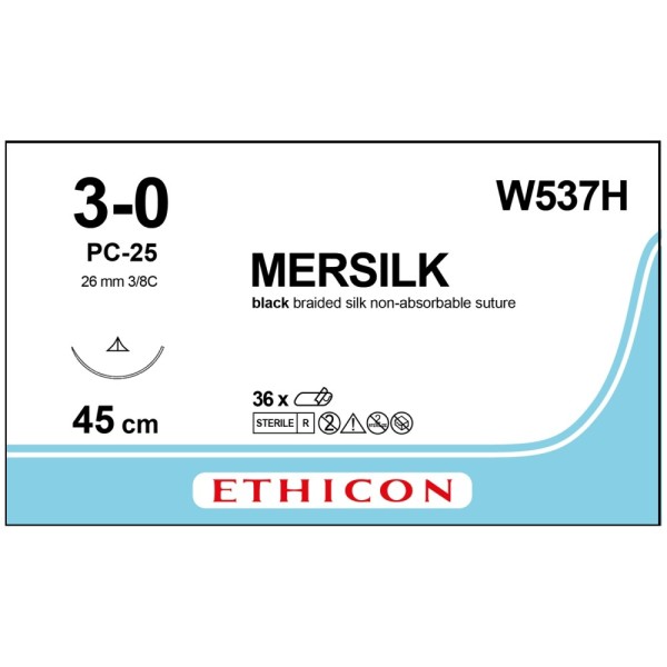 Mersilk W537H Suture 3-0 Black 45cm, 26mm 3/8 Circle Conventional Cutting PRIME Needle (Box of 36)