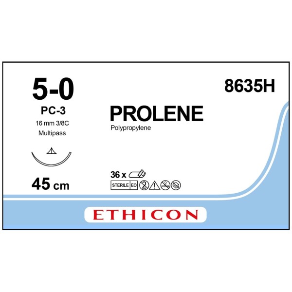 Prolene 8635H Suture 5-0 Blue 45cm, 16mm 3/8 Circle Conventional Cutting PRIME Needle (Box of 36) (Formerly W8006T)