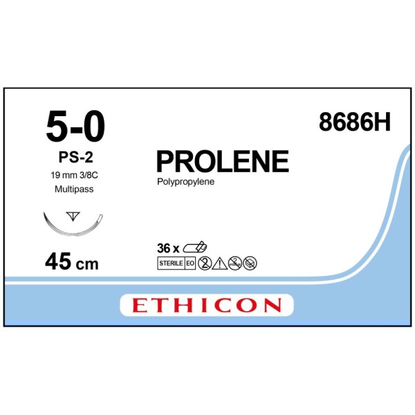 Prolene 8686H Suture 5-0 Blue 45cm, 19mm 3/8 Circle Reverse Cutting PRIME Needle (Box of 36)