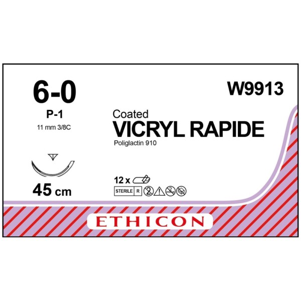 Coated Vicryl Rapide W9913 Suture 6-0 Undyed 45cm, 16mm 3/8 Compound Reverse Cutting PRIME Needle (Box of 12)
