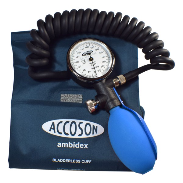Accoson DUPLEX Aneroid Sphygmomanometer - Coiled Tube with Adult Ambidex Cuff - Blue (0322AB)