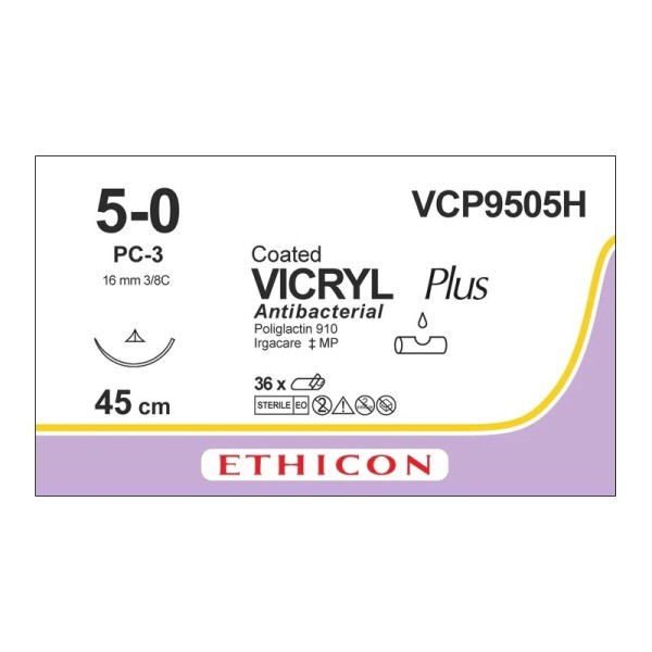 Coated Vicryl Plus VCP9505H Undyed 5-0 45cm 16mm 3/8 Conventional Cutting PC (Box of 36)