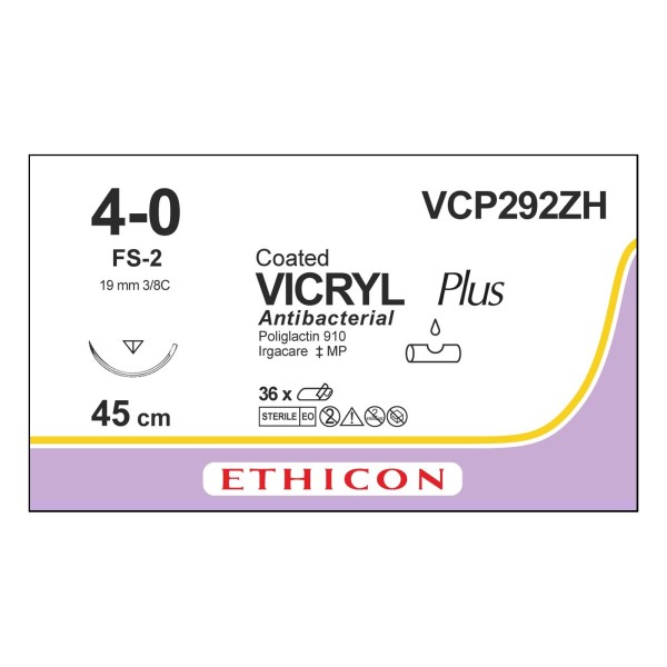 Coated Vicryl VCP292ZH Suture 4-0 Undyed 45cm, 19mm 3/8 Circle Reverse Cutting PRIME Needle (Box of 36) (Former Code W9951)