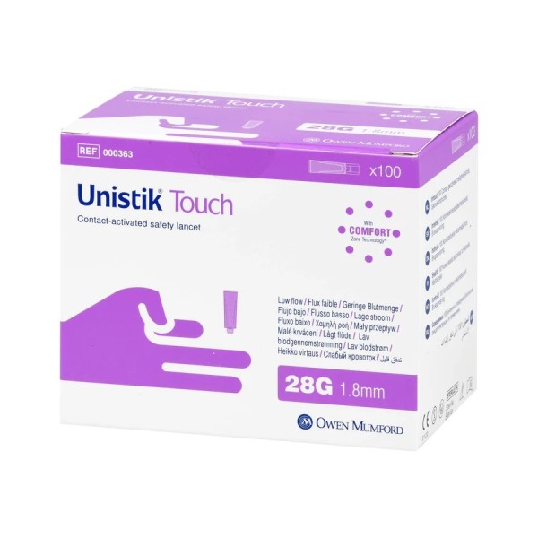 Owen Mumford Unistik Touch 28G Depth 1.8mm (Box of 100) (000363)